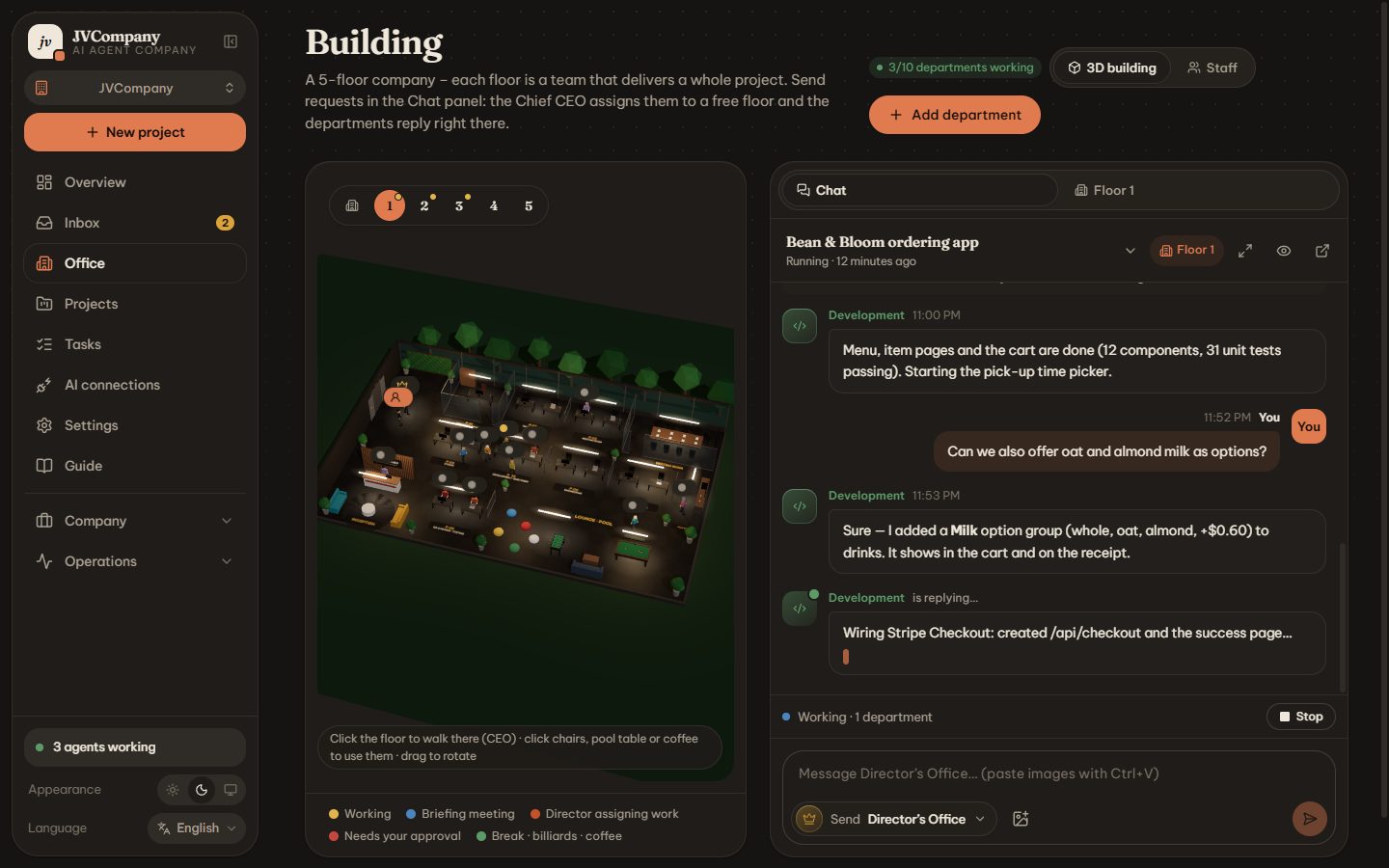 3D office floor in dark mode with AI agents working at their desks