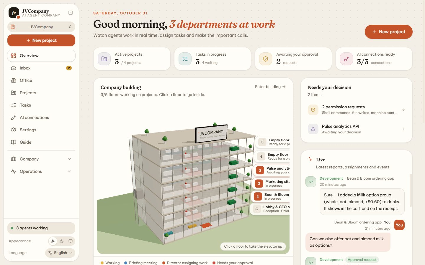 JVCompany dashboard showing running projects, tasks, approvals and the 5-floor 3D company building