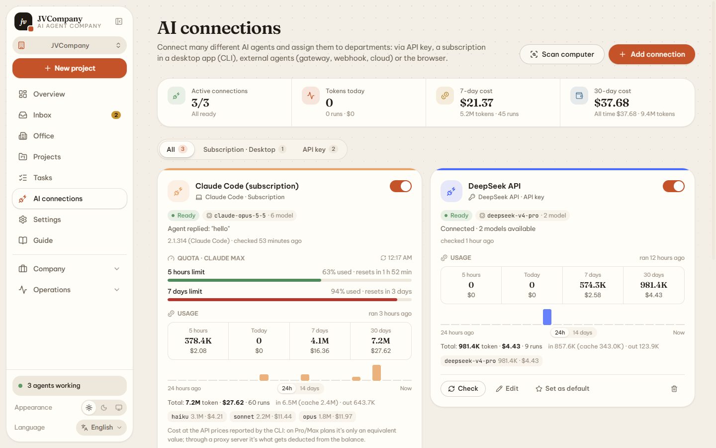 AI connections page with a DeepSeek API key and a Claude Code subscription showing usage limits and token costs
